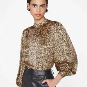 FRAME XL Abstract Print Balloon Sleeve Mock Neck Silk Blouse Ret. $388